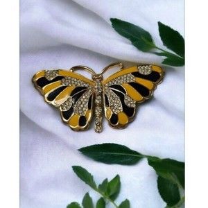 Kenneth Jay Lane Black Yellow Enamel Crystals Butterfly  Brooch Pin KJL